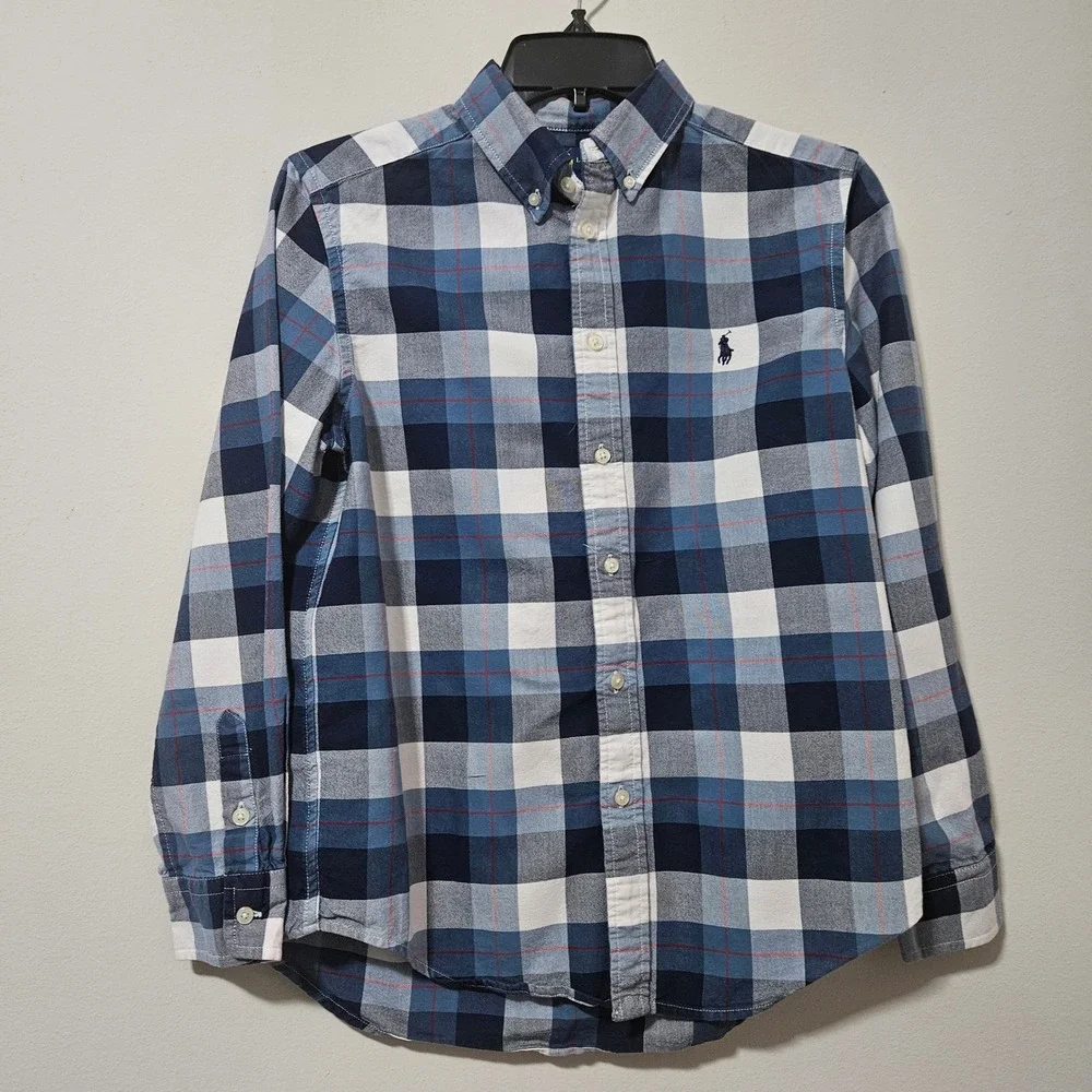 Ralph Lauren Boys Blue White Plaid Button Down Shirt Size Large‎ 14-16 L/G Pony